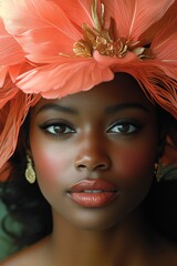 Wall Mural - A woman wearing a large orange hat with feathers on it