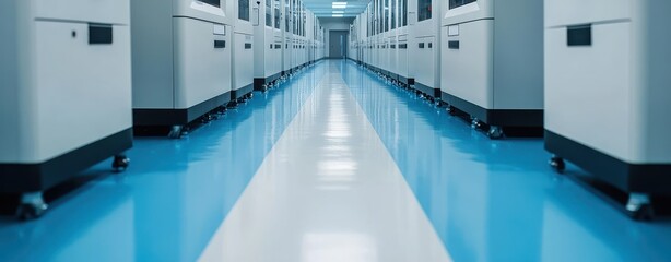 Poster - Futuristic Data Center with Rows of Server Racks and a Bright Blue Floor