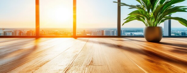 Aufkleber - Bright Modern Interior with Plants and Scenic City View at Sunset