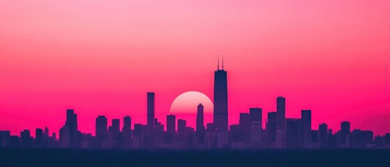 Poster - Stunning Urban Sunset Over City Skyline with Vibrant Pink and Purple Hues