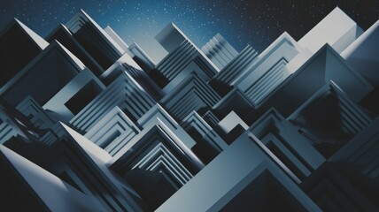 Aufkleber - Abstract 3D rendering of geometric shapes resembling a futuristic cityscape under a starry night sky.