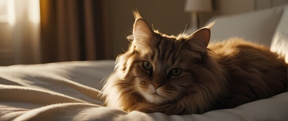 Wall Mural - Closeup of a fluffy cat curled up comfortably on a bed illuminated by soft afternoon light emphasizing the warmth and comfort of home life