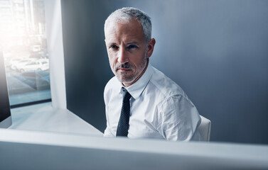 Aufkleber - Reading, serious and man with computer, office and research for economic growth, trader and analysis. Business, ceo and person with info for investment, software and tech for interest rates or online