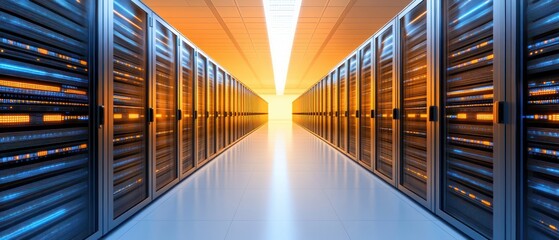 Fototapete - Futuristic Data Center with Bright Lights and Rows of Server Racks Illuminated