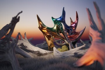 Poster - Abstract metallic sculpture in vibrant colors nestled among bleached driftwood at sunset.