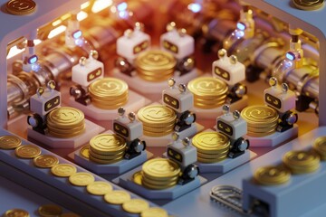 Poster - Automated coin production line with cute robots stacking golden coins, futuristic finance.