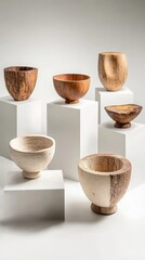 Poster - Elegant Collection of Wooden Bowls Displayed on White Pedestals in Minimalistic Setting
