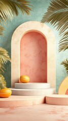 Aufkleber - Colorful Minimalist Abstract Background with Arched Shape and Tropical Elements
