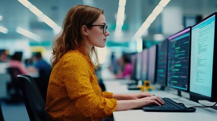 Poster - Focused Woman Coding in Modern Office Environment with Dual Monitors Displaying Code