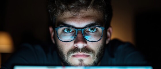 Aufkleber - Intense Focus of Young Man with Glasses Gazing at Laptop Screen in Dark Room