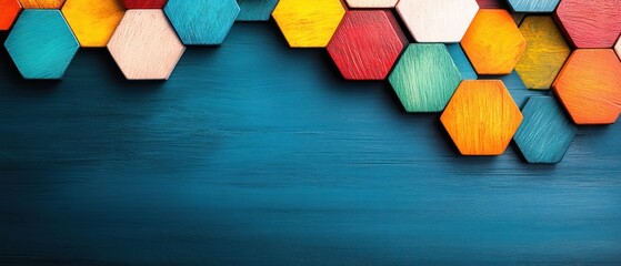 Poster - Multicolored Wooden Hexagonal Shapes on Blue Wooden Background for Creative Projects