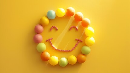 Wall Mural - Colorful candy balls arranged in a circle on a yellow background. The balls are arranged in a smiley face shape.