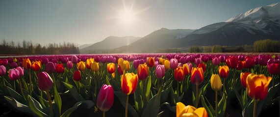 Wall Mural - Breathtaking view of colorful tulips dancing in the spring breeze inviting admiration for the beauty of the blooming season