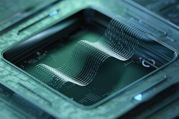 Poster - Abstract digital wave data flowing through a futuristic technological device.