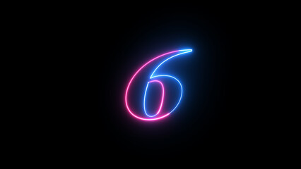Fototapete - Neon digital number. Educational mathematics concept with neon letter. Abstract neon countdown “6” number text background illustration.
