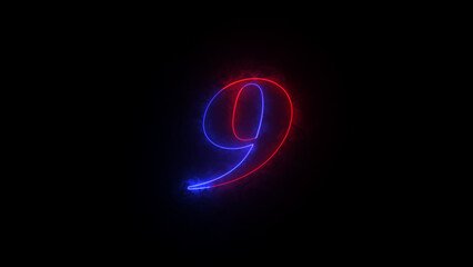 Fototapete - Educational mathematics concept with neon letter. Abstract neon countdown “9” number text background illustration. Neon digital number.