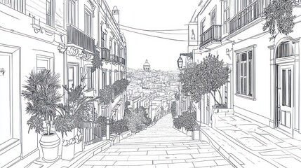 Wall Mural - Hillside street, European city, church view, potted plants, travel illustration