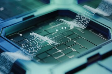Poster - Abstract digital data stream flowing over a futuristic technological circuit board.