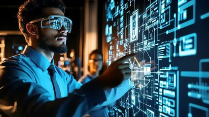 Poster - software engineer wearing augmented reality glasses touching futuristic interface working with sourc