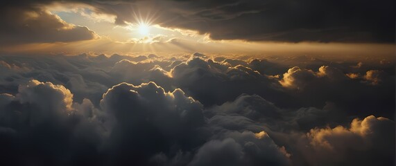 Wall Mural - An oil painting of clouds dramatically obscuring the sun creating a somber yet beautiful atmosphere while hints of light struggle to break through