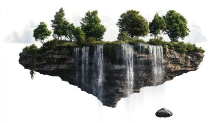 A floating with trees, a waterfall, and clouds in the sky.