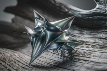 Poster - A sleek, metallic, abstract sculpture rests on a dark wooden surface, showcasing intricate geometric designs and reflective qualities.