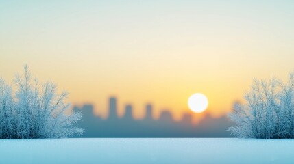 Canvas Print - A view of a snowy landscape with trees in the foreground and a city in the background