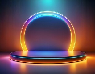 3d neon podium background. Copy space product presentation