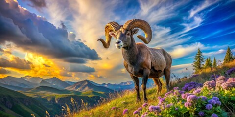 Wall Mural - Majestic Ram on a Mountain Meadow Under Dramatic Sunset Sky