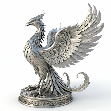 Phoenix statue made of silver on a transparent background