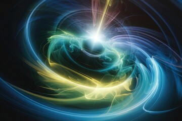 Poster - Abstract swirling nebula with vibrant blue, yellow, and green hues, radiating energy and cosmic wonder.
