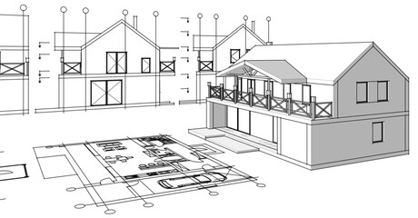 Poster - house sketch plan 3d illustration