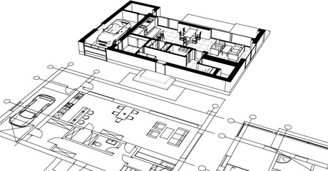 Poster - house sketch plan 3d illustration