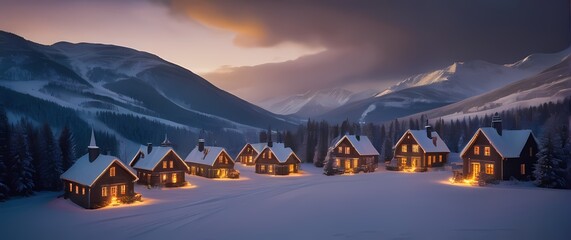 Wall Mural - A whimsical winter scene featuring a snow covered village warm lights glowing from its windows inviting thoughts of comfort and togetherness