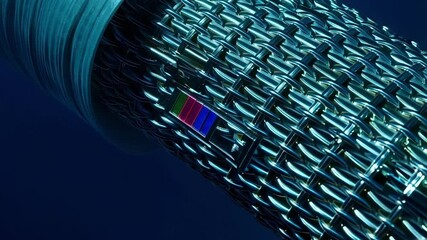 Poster - Underwater fiber optic cable transmitting digital data, protected by metal mesh and plastic, glowing with light pulses representing global communication infrastructure