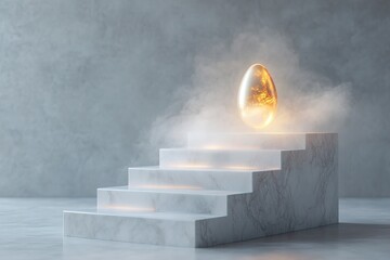 Sticker - Softly glowing white marble forms a staircase ascending to a radiant golden Easter egg surrounded by a gentle, luminous mist, evoking feelings of elegance and renewal