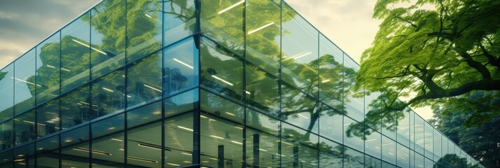 Poster - Modern Eco-Friendly Building Surrounded by Lush Greenery Showcasing Sustainable Architecture and Innovative Design Principles for Eco-Conscious Environments