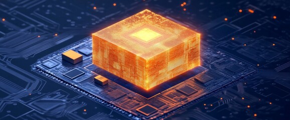 Poster - A 3D image displaying a grid of randomly arranged colorful cubes, adorned with glowing sections, set against a digital technology backdrop, featuring intricate details