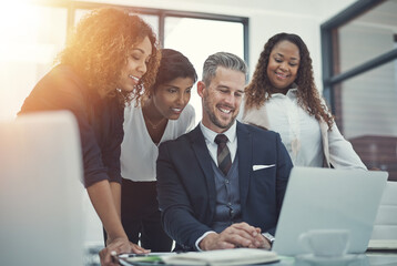 Poster - Happy, finance or business people in meeting with laptop for feedback, discussion or teamwork. Corporate report, lens flare or financial advisor talking to economists for economy or planning together