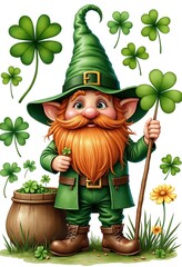 Wall Mural - Set leprechaun with four leaves clovers, Cute elements for St Patrick day greeting card, Gnomes with Shamrock, Watercolour green Scandinavian Dwarfs collection in Celtic