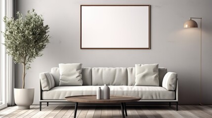 Poster - Modern Living Room Mockup Featuring Minimalist Sofa, Decorative Plant, Stylish Lighting, and Empty Frame on Clean Wall