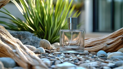 Wall Mural - Perfume bottle on rocks, amidst driftwood and greenery, outdoor setting