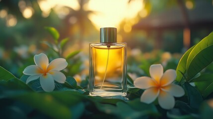 Wall Mural - Perfume bottle on tropical flowers at sunset