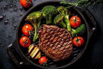 Grilled beef steak in pan baked with vegetables.