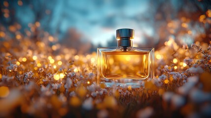 Wall Mural - Perfume bottle, sunset, flowers, magical forest background