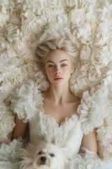 Wall Mural - A woman in a wedding dress laying on a bed of white flowers