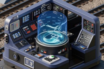 Poster - Futuristic train control panel with a holographic display showing a route map.