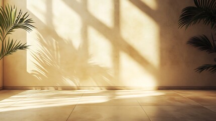 Sticker - Warm sunlight streams through window casting long shadows on beige wall peaceful room plants. AI Generated