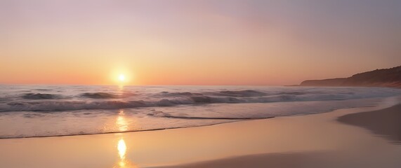 Wall Mural - A tranquil beach sunrise with soft hues blooming on the horizon inviting moments of reflection and peace as day breaks