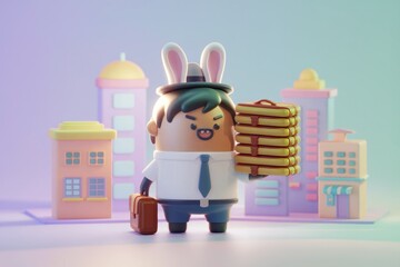 Poster - A cute 3D cartoon businessman with bunny ears carries briefcases in a cityscape.